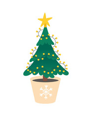 Christmas tree in a pot with garlands and star on top. New year potted fir flat vector illustration on white background.