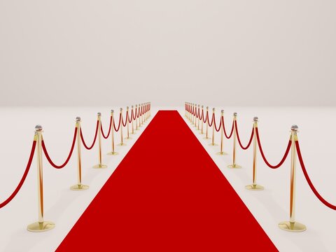 Red carpet between golden barriers with red rope for a special ceremonial event. 3d rendering image illustration.