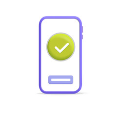 Cartoon plastic render 3d vector smartphone with green check mark on mobile application  design illustration. Online shopping concept. Successful business plan tasks. To do list, time and task 
