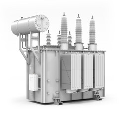 Three-phase electricity transformer with oil tank isolated on white background. 3d render - obrazy, fototapety, plakaty