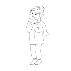 Cute little girl in winter coat and mittens. Smiling girl looks up. Hand drawn doodle illustration.