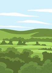 Summer landscape of nature. Panorama with green forests, hill, fields and blue sky. Rural scener. Flat vector illustration for poster, postcard, background