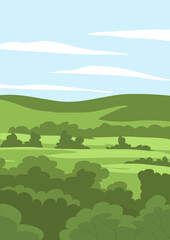 Obraz premium Summer landscape of nature. Panorama with green forests, hill, fields and blue sky. Rural scener. Flat vector illustration for poster, postcard, background