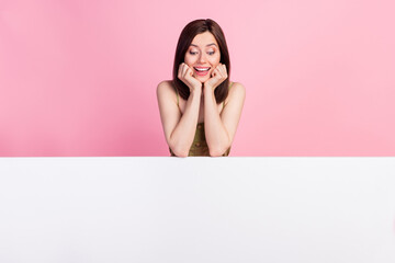 Photo of cheerful lady arm touch cheeks demonstrate empty space impressed big black friday sale...