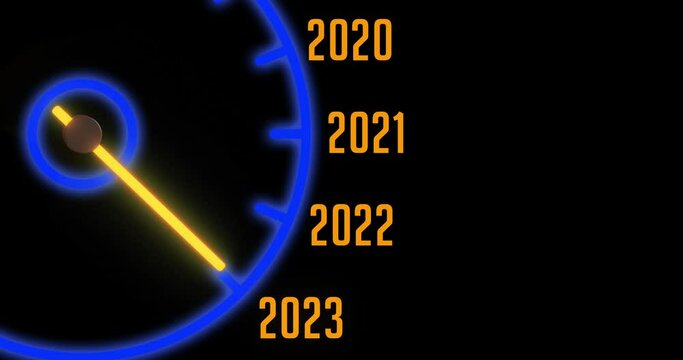 Happy New year countdown car gauge Speedometer pointer moving from 2020 to 2023. Creative illuminated indicator animation in 3D render illustration, 4k resolution. Black background, copy space.