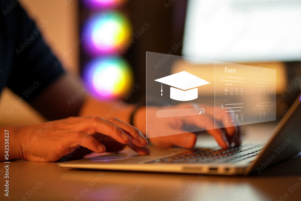 Poster online exam concept, choose correct answer in test. checklist and online testing on laptop. online e