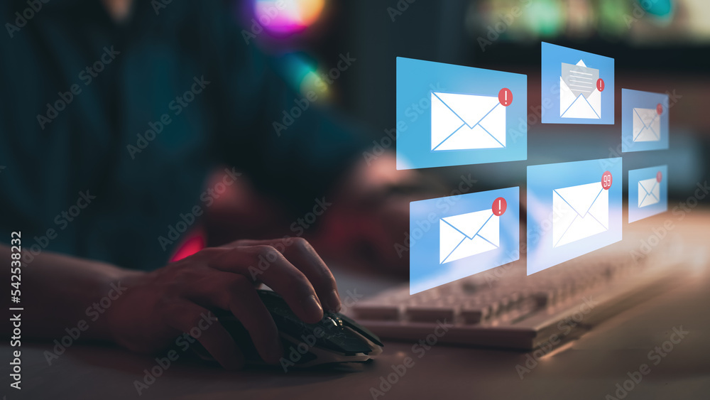 Poster email marketing concept, person reading e-mail on smartphone, receive new message. mail communicatio