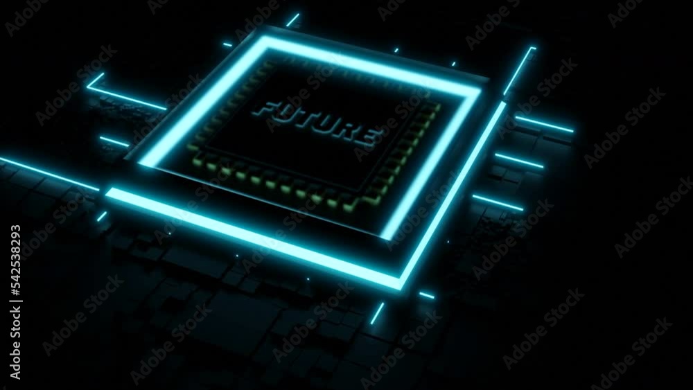 Poster abstract micro chip with the word future. design. visualization of a modern circuit board.