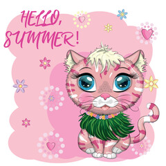 Cartoon cat dressed as a hula dancer under the ukulele, Hawaii. Summer, vacation. Cute child character, symbol of 2023