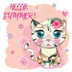 Cartoon cat dressed as a hula dancer under the ukulele, Hawaii. Summer, vacation. Cute child character, symbol of 2023