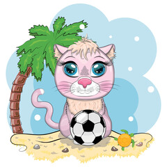 Obraz na płótnie Canvas Cartoon cat with a soccer ball. Summer, vacation. Cute child character, symbol of 2023 new chinese year