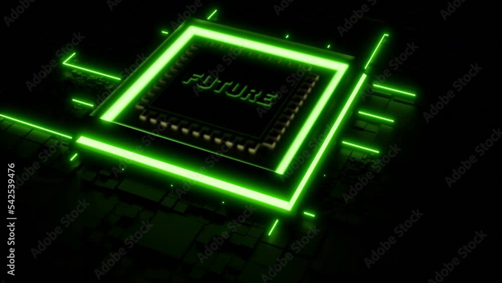 Poster futuristic chip with moving neon energy lines. design. chip with word future starts computer. new fu
