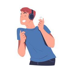 Happy Man with Headphones Listening to Music and Dancing Vector Illustration