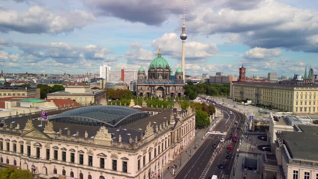 glass dome roof integrated in historic walls Beautiful aerial view flight berlin