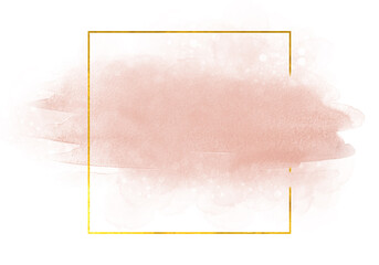 Blush brush strokes and gold frame. Abstract watercolor background