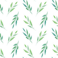 watercolor seamless pattern with ight green leaves. For printing on paper, packaging, textiles, banners, brochures. Template for design. Rustic, botanical style. Leaf fall, autumn and spring.