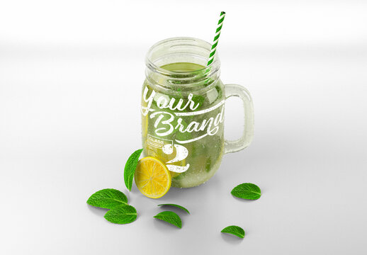 Opened Mason Jug with Mojito and Straw Mockup
