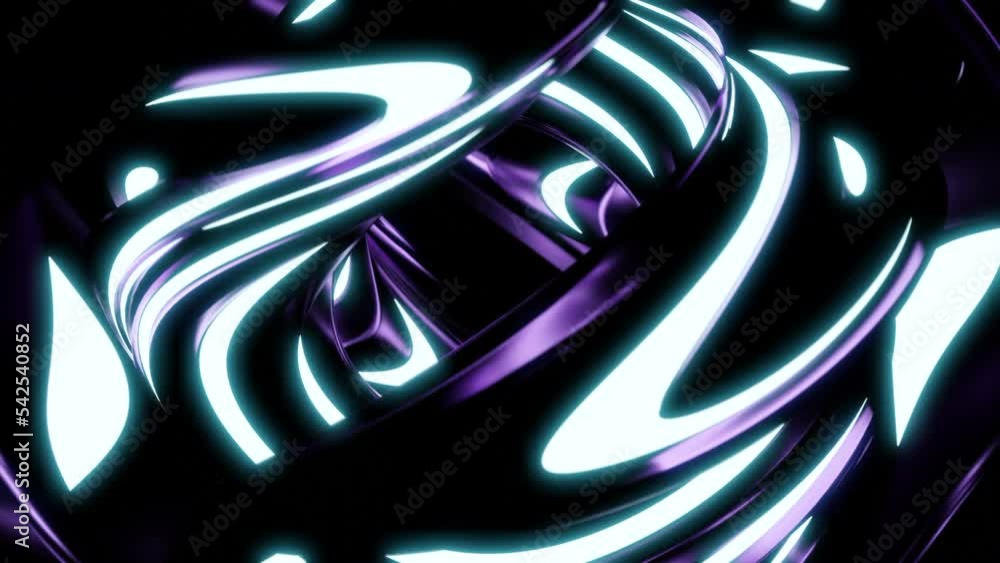 Poster rotating abstract ball with curved neon lines. design. futuristic structure rotates with neon curves