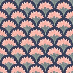Lotus pink seamless vector pattern. Water lily and leaves on dark background.