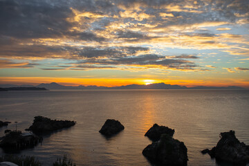 Ischia, Italy coastal landscape in the early morning. Sunrise - obrazy, fototapety, plakaty
