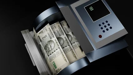 Fotobehang 500 Indian rupees banknotes in cash machine. Indian cash counting video.  © CESM I Studio