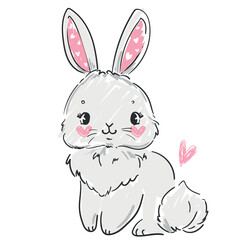 Hand drawn cute rabbit with pink heart isolated on white background Sketch bunny childish vector illustration