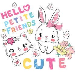 Obraz na płótnie Canvas Cute Cartoon Bunny Face and Cat Face Design on White Background cute kitten and rabbit kids print