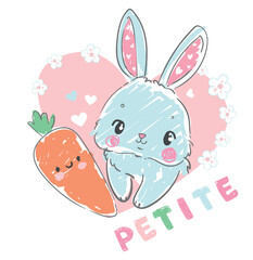 rabbit with carrot Hand drawn isolated on pink heart background Cute Bunny cartoon character Vector stock illustration Childish print for children's, poster, banner.