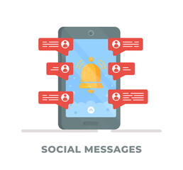 Vector illustration of social messages. Phone isolated on white background. 