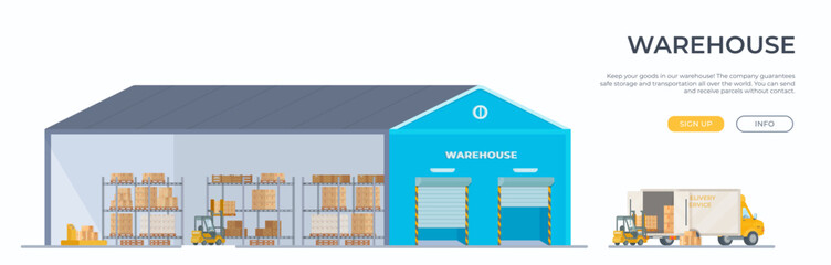 Vector illustration of a warehouse of goods inside a building. Flat style to depict the interior. Demonstration of the site of delivery services, storage and transportation of parcels.
