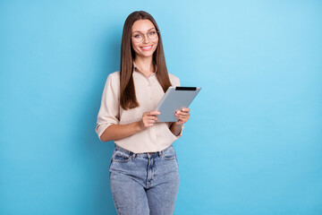 Photo of nice young woman hold gadget responsible manager ceo dressed trendy smart casual outfit specs isolated on blue color background