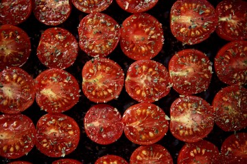 Overhead View of Rows of Sun-Dried Tomatoes Prepared at Home