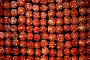 Overhead View of Rows of Sun-Dried Tomatoes Prepared at Home