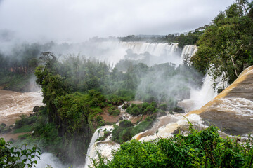 Beautiful view to big rainforest waterfalls in Iguazu Falls