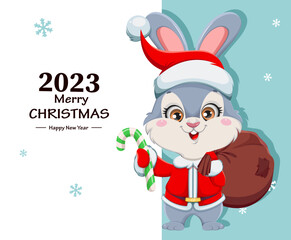 Cute cartoon rabbit. Merry Xmas and Happy New year