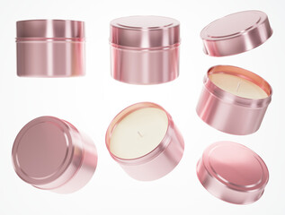 Travel candle in rose gold metal jar with lid 3D render mock-up, different views of candle box isolated on white background design ready template