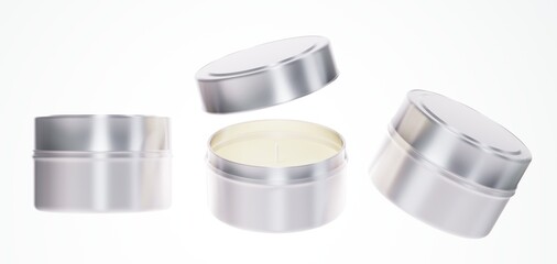 Travel candle in aluminium metal jar with lid 3D render mock-up, different views of candle box isolated on white background design ready template