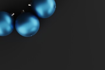 Blue Christmas balls on a dark background. Festive concept, Christmas holidays. 3D render, 3D illustration.