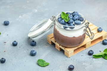 Chocolate panna cotta with blueberries. Chocolate pudding and greek yogurt parfait. Long banner...