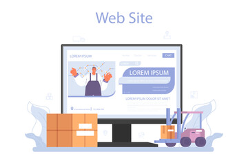 Loader online service or platform. Storekeeper in uniform carrying a cargo.