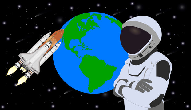 Space Astronaut in new space suit in a front of Space shuttle flight and earth planet. Vector illustration. Elements of this vector illustration were furnished by NASA