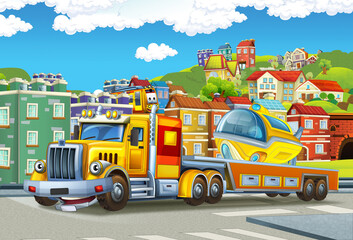Fototapeta na wymiar cartoon tow truck driving with load other car in the city
