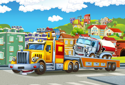 cartoon tow truck driving with load other car in the city