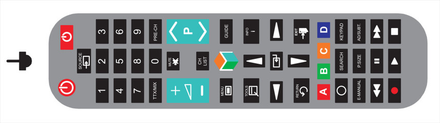 Vector drawing. Remote control for
TV, video recorder, music center, tuner.