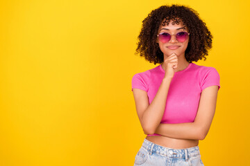Photo of pretty brunette lady hand face wear glasses top isolated on bright orange color background