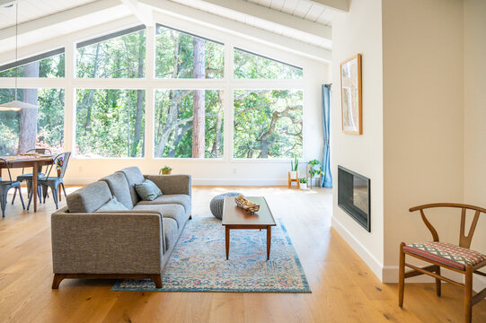 Modern, clean living room with large windows and trees