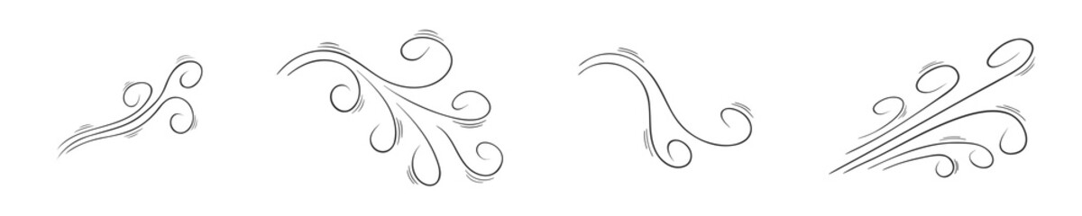 Set of hand drawn air flow icons. Doodle wind blow effects collection. Swirl, gust, smoke, dust sketches isolated on white background. Vector outline illustration.