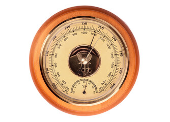 antique barometer in a wooden case with a yellow metal mechanism, isolated on a white background