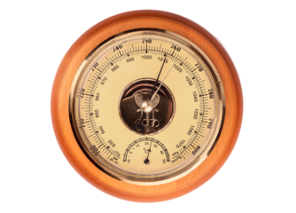 antique barometer in a wooden case with a yellow metal mechanism, isolated on a white background