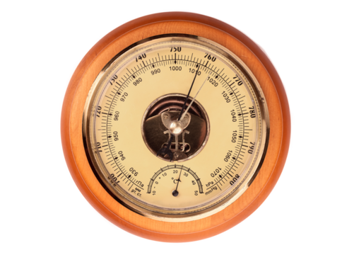 antique barometer in a wooden case with a yellow metal mechanism, isolated on a white background